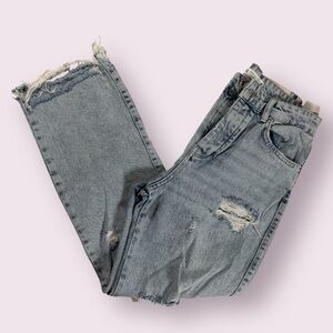 Zara High Rise Button Fly Light Wash Distressed Straight Leg Jeans 4